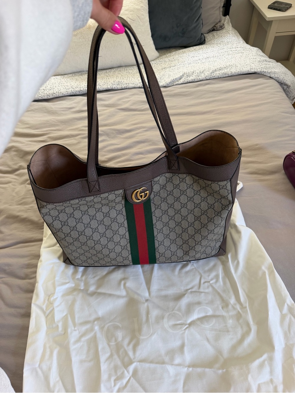 Gucci GG Ophidia Canvas Tote with Brown Trim and Classic Green-Red Web - Picture 8 of 9